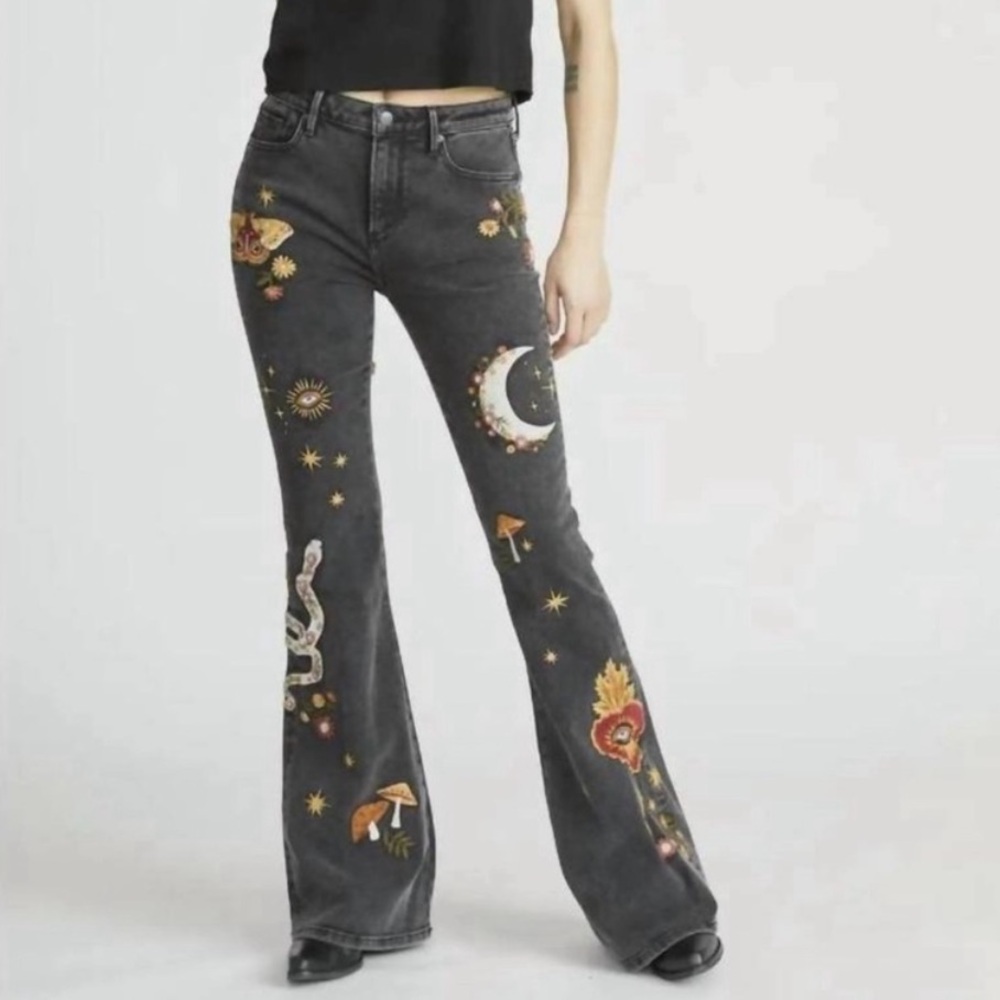RARE DRIFTWOOD Farrah hallucination Black Flare Jeans with witchy Embroidery